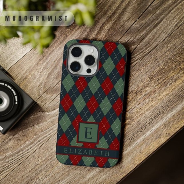 Customizable Dark Teal Green Red Argyle Pattern iPhone Case (Customizable Dark Teal Green Red Argyle Pattern iPhone Case)