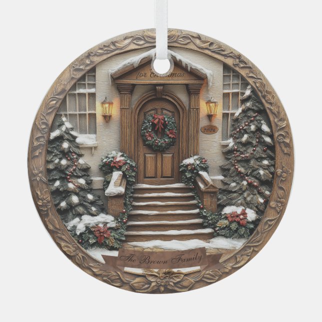 Customizable (date&name) beautiful carved/3D-look  Glass Ornament (Front)