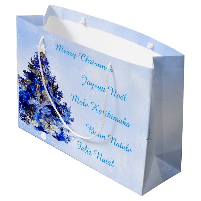 Customizable decorated blue christmas tree large gift bag (Back Angled)