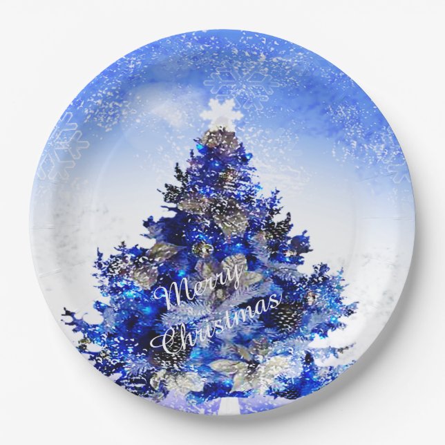 Customizable decorated blue christmas tree paper plates (Front)
