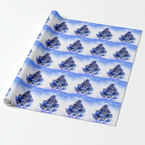 Customizable decorated blue christmas tree wrapping paper