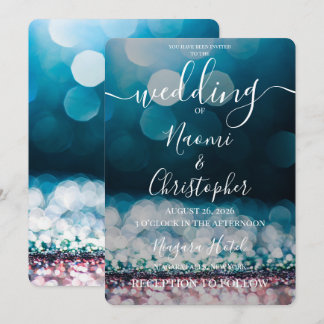 Customizable Deep Blue Glitter Bokeh Wedding Invitation
