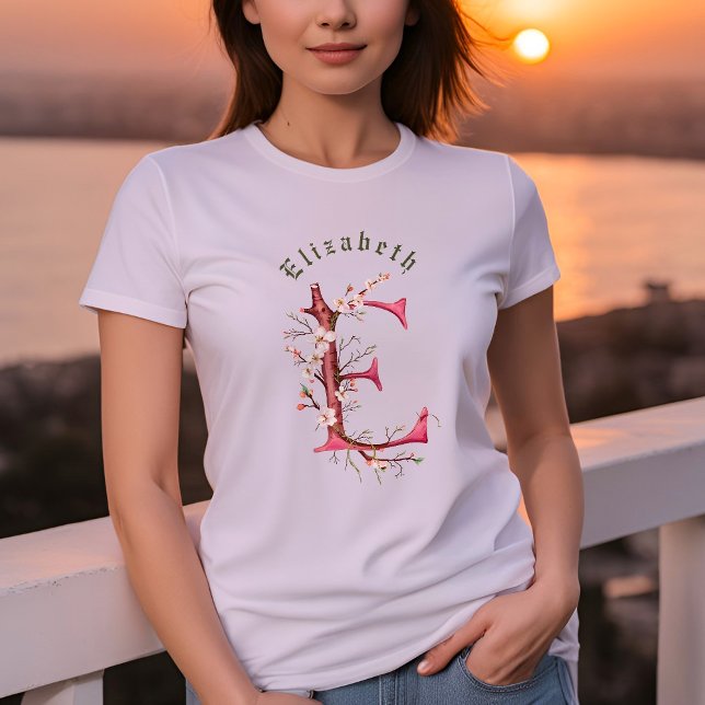 Customizable Delicate Cherry Blossom Monogram "E" T-Shirt (Creator Uploaded)