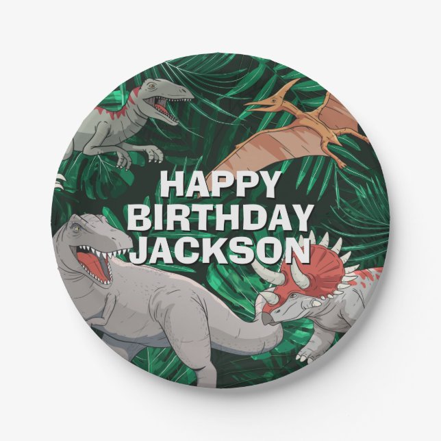 Customizable Dinosaur Birthday Kids Jurassic Trex Paper Plates (Front)