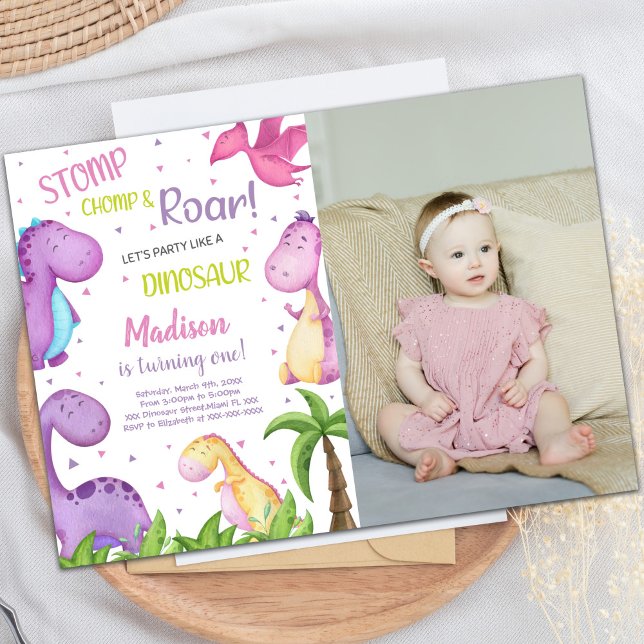Customizable Dinosaur Party Invitations for Kids (Pink Purple Dinosaur Birthday Invitations w photo)