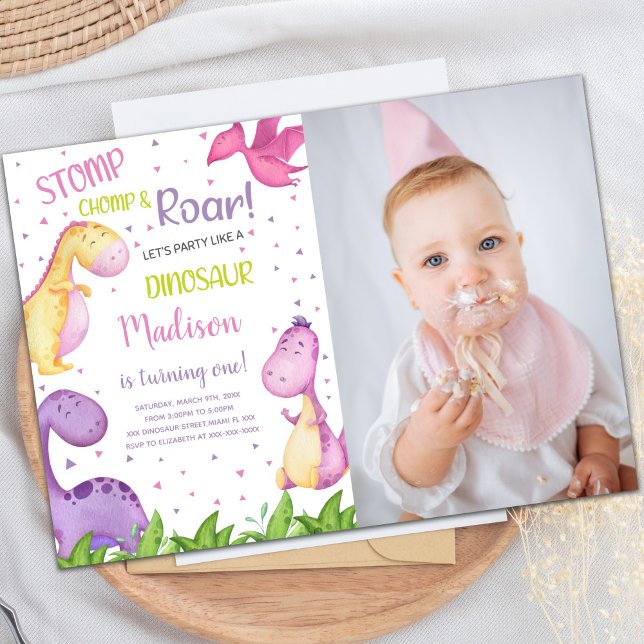 Customizable Dinosaur Party Invitations for Kids (Purple Dinosaur Birthday Invitations with photo)