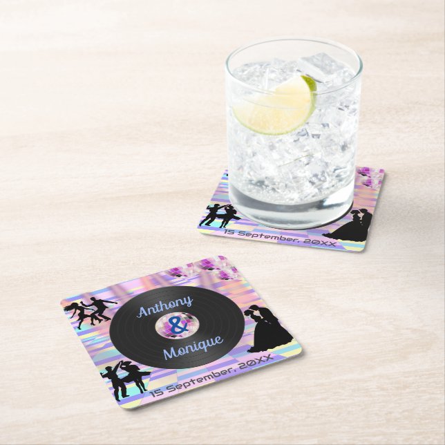 Customizable Disco Wedding Square Paper Coaster (Insitu)