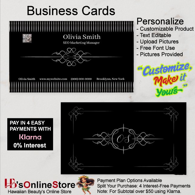 Customizable Editable Elegant Black 2 Business Card (Customizable Editable Elegant Black Business Card 2.)
