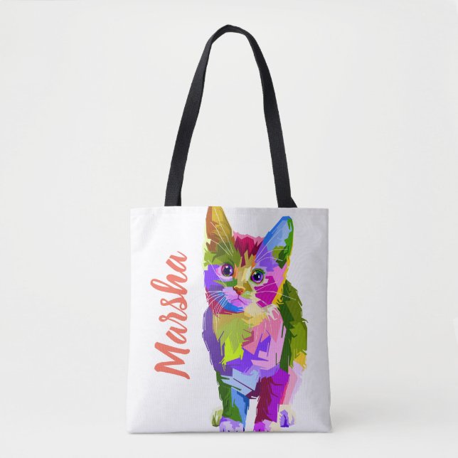 Customizable Editable Name Contemporary Artsy Cat Tote Bag (Front)