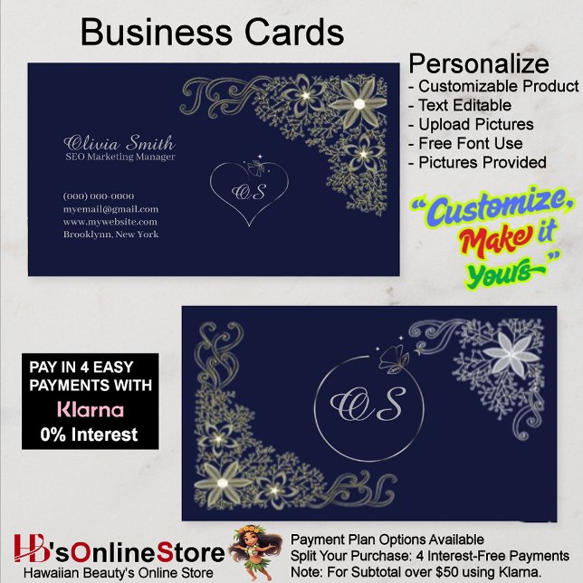 Customizable Elegant Navy Floral Business Cards 9 (Customizable Elegant Navy Floral Business Cards 9.)