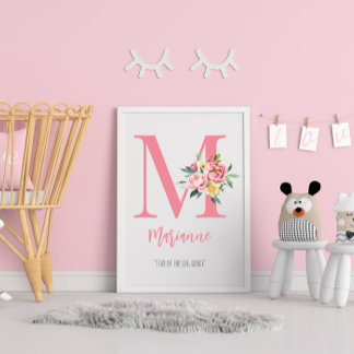 Customizable Elegant Pink Floral Monogram Initial Poster