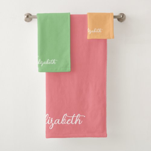 Customizable Elegant Trendy Colors Script Name Bath Towel Set