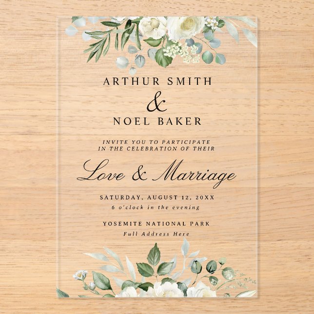 Customizable Elegant White Floral Wedding  Acrylic Invitations (Front)