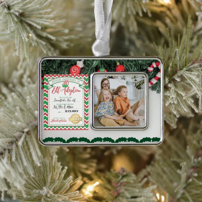 Customizable Elf Adoption Certificate Family Photo Christmas Ornament (Tree)