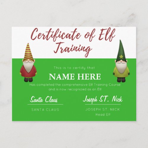 Customizable Elf Certification Holiday Postcard