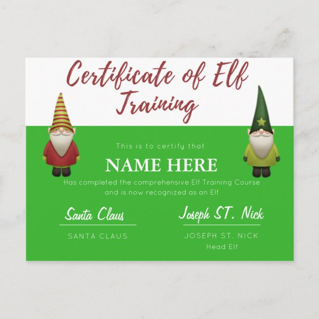Customizable Elf Certification Holiday Postcard (Front)