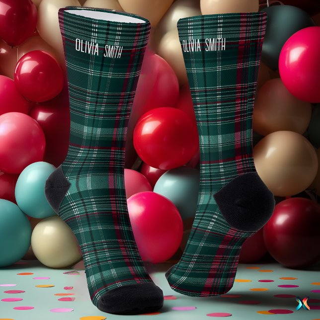 Customizable Emerald Green and Burgundy Tartan  Socks (Creator Uploaded)