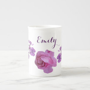 Customizable Emily name pink rose purple floral Bone China Mug