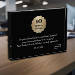 Customizable Employee 10 Year Service  Acrylic Award<br><div class="desc">Show your employees how much you value their hard work and loyalty with our elegant Customisable Employee Award! This modern trophy features a stunning gold glitter effect badge on a black background and white editable text. It is crafted from high-quality acrylic, making it a beautiful addition to any workspace or...</div>