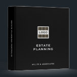 Customizable Estate Planning Binder with Logo<br><div class="desc">Keep your important documents organized and protected with this customizable 3 ring binder. The front cover features a black and white logo image in the center with Estate Planning in classic block typography below. Customizable text on the spine allows you to easily identify your binder. The binder is solid black,...</div>