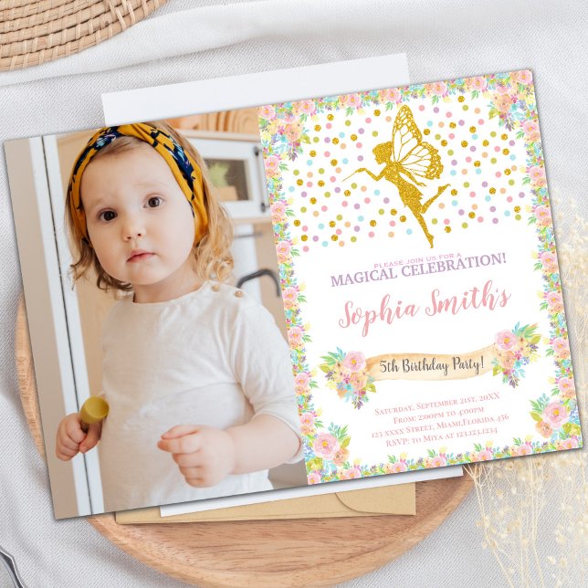 Customizable Fairy Party Invitations for Kids (Glitter Fairy Birthday Invitations with photo)