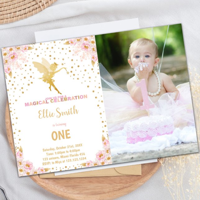 Customizable Fairy Party Invitations for Kids (Floral Glitter Fairy Birthday Invitations w Photo)