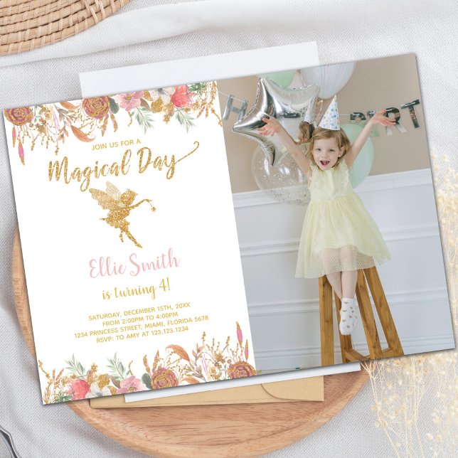 Customizable Fairy Party Invitations for Kids (Glitter Floral Fairy Birthday Invitations w photo)