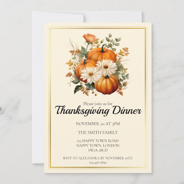 Customizable Fall Pumpkin Thanksgiving Dinner Invitation (Front)