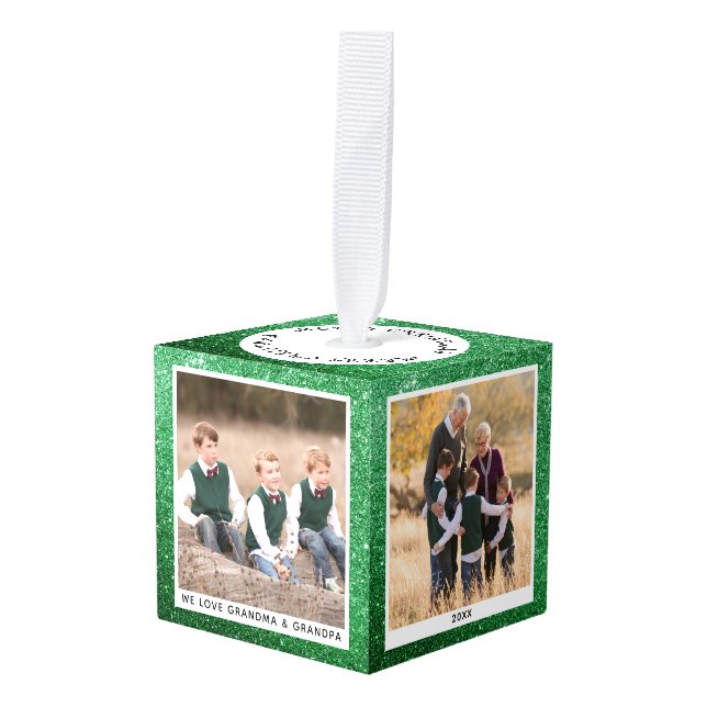 Customizable Family Christmas Photo Green Glitter Cube Ornament (Front Angled)