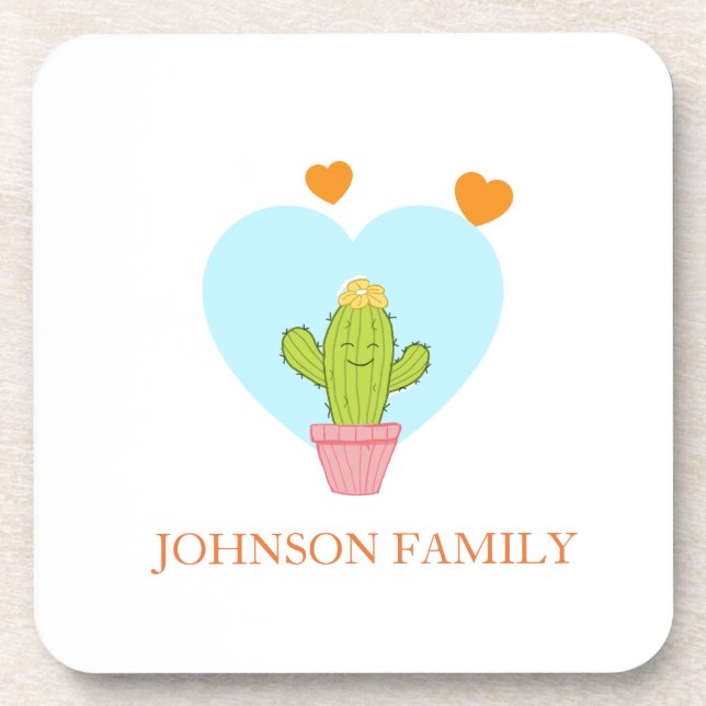 customizable family name little cute  cactus beverage coaster (Front)