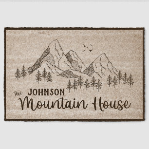 Customizable Family Name Mountain House with Birds Fiber Doormat