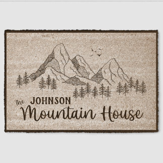 Customizable Family Name Mountain House with Birds Fiber Doormat