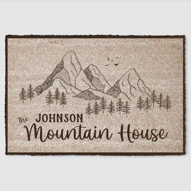 Customizable Family Name Mountain House with Birds Fiber Doormat (Front)