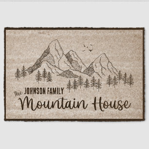 Customizable Family Name Mountain House with Birds Fiber Doormat