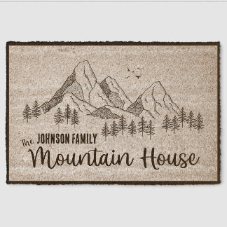 Customizable Family Name Mountain House with Birds Fiber Doormat