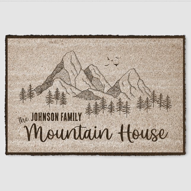 Customizable Family Name Mountain House with Birds Fiber Doormat (Front)