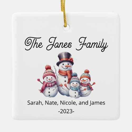 Customizable Family of 4 Snowman Holiday Ceramic Ornament