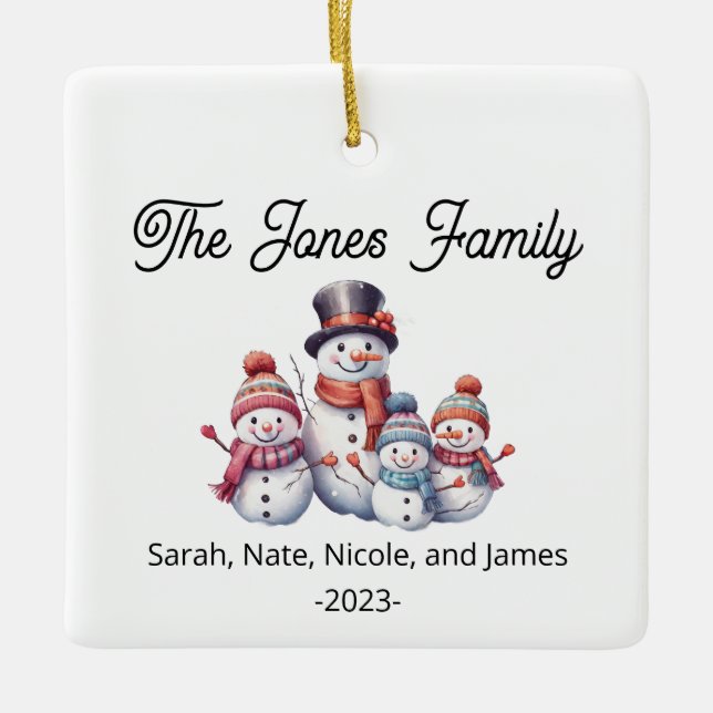 Customizable Family of 4 Snowman Holiday Ceramic Ornament (Front)