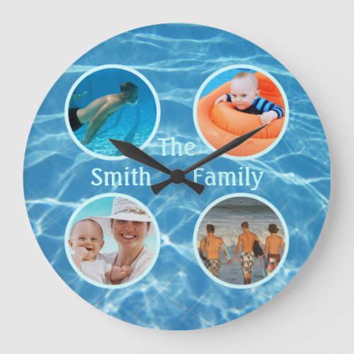 Customizable Family Photo Blue Pool Water Swim Large Clock