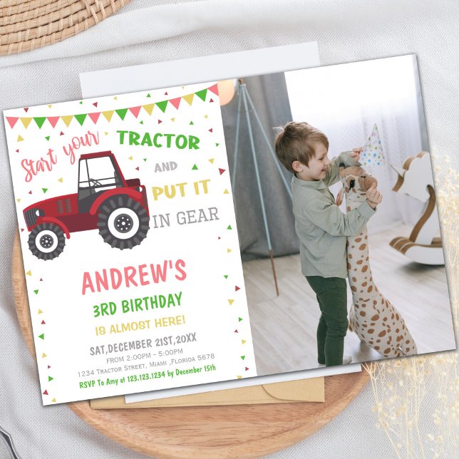 Customizable Farm Party Invitations for Kids (Red Tractor Birthday Invitations with photo)