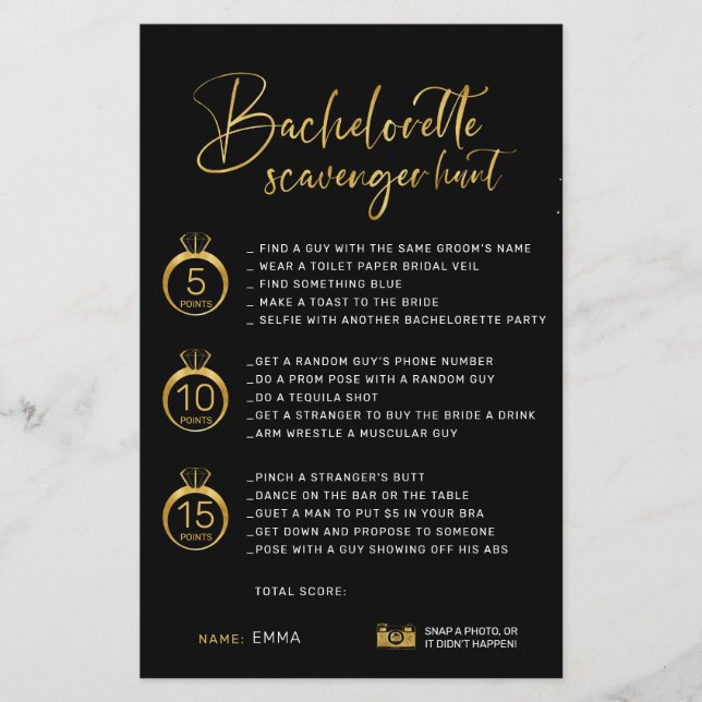 Customizable Faux Gold Black Bachelorette Hunt (Front)