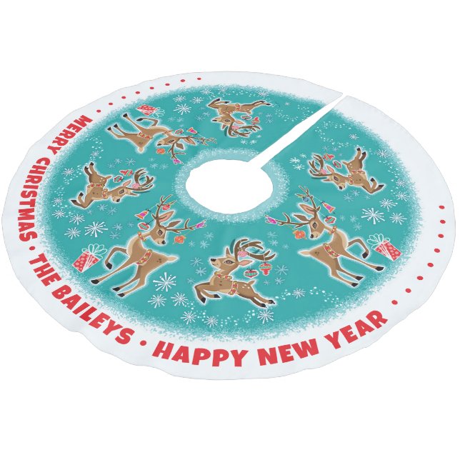 Customizable Festive Retro Reindeer Brushed Polyester Tree Skirt (Angled)