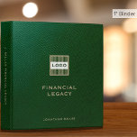 Customizable Financial Legacy Planning Binder Logo<br><div class="desc">Keep your financial legacy planning documents organized and professional with this elegant green leather binder featuring a customizable logo in the center and classic block typography. The lower thirds can be customized with your clients' name, company name or other text, and the spine can be personalized with your choice of...</div>