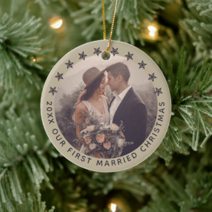 Customizable First Married Christmas Elegant Taupe Ceramic Ornament