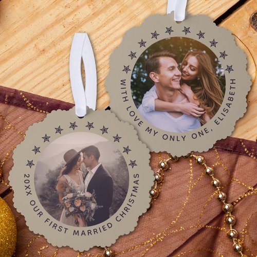 Customizable First Married Christmas Elegant Taupe Ornament Card