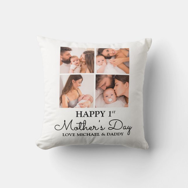 Customizable First Mothers Day Photo Collage Throw Pillow (Front)