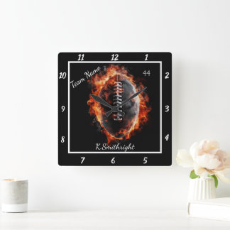 Customizable Flaming Football Team Square Wall Clock