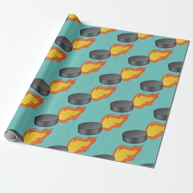 Customizable Flaming Hockey Puck Wrapping Paper (Unrolled)