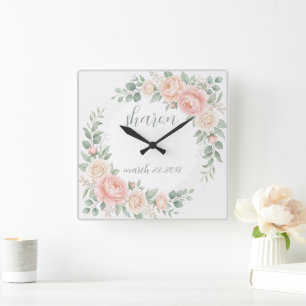 Customizable Floral Clock Watercolor Flower Wall