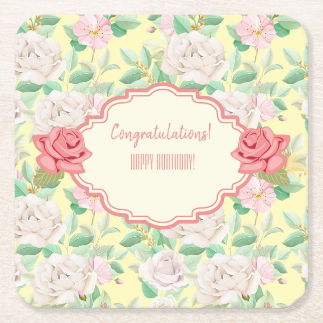 Customizable Floral Event Square Paper Coaster (Front)